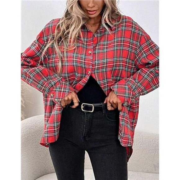 Womens Oversized Flannel Plaid Shirts Red - Picture 4 of 5